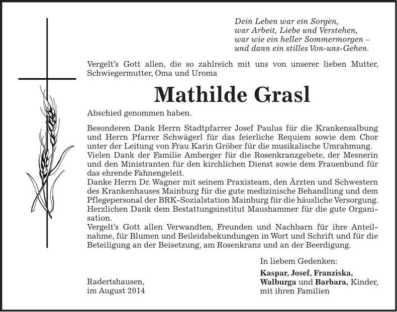 Traueranzeige Mathilde Grasl