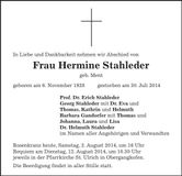 Traueranzeige Hermine Stahleder