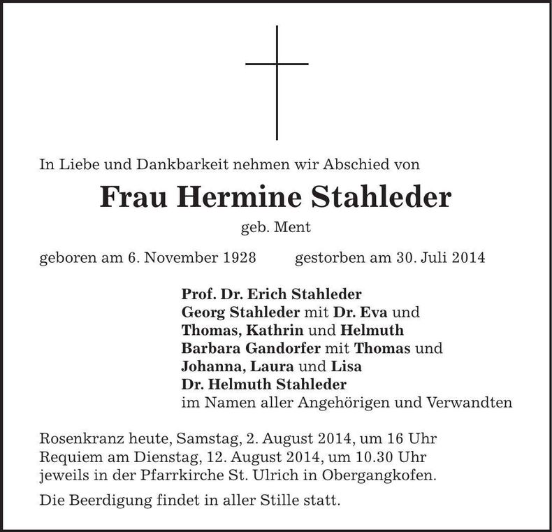 Traueranzeige Hermine Stahleder