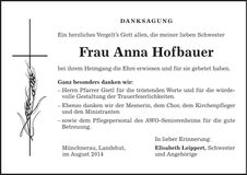 Traueranzeige Anna Hofbauer