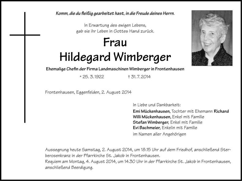 Traueranzeige Hildegard Wimberger