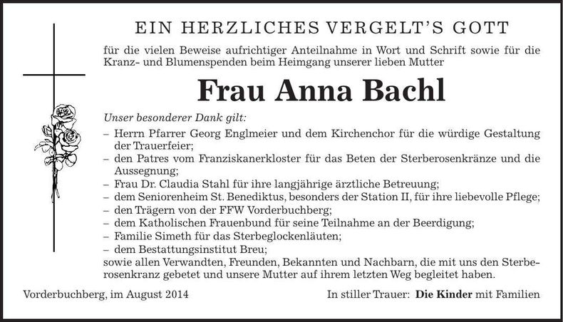Traueranzeige Anna Bachl