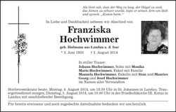 Traueranzeige Franziska Hochwimmer