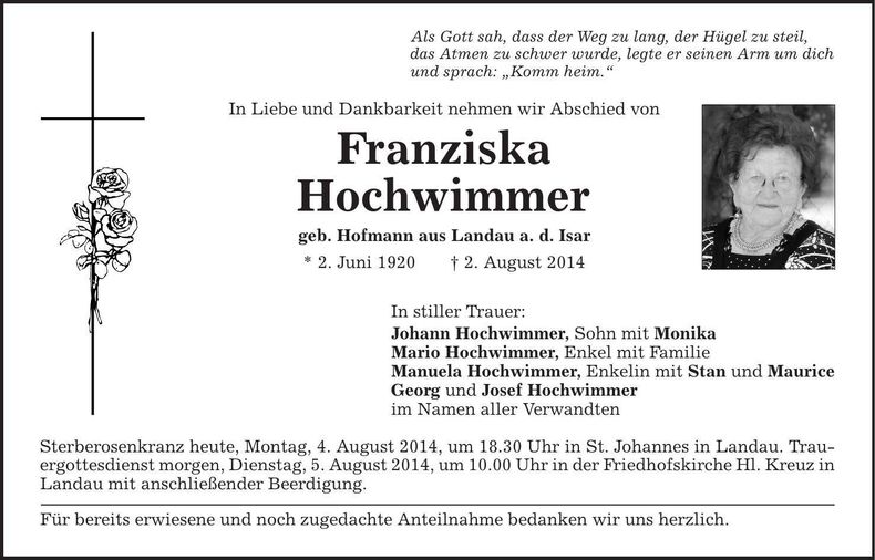 Traueranzeige Franziska Hochwimmer