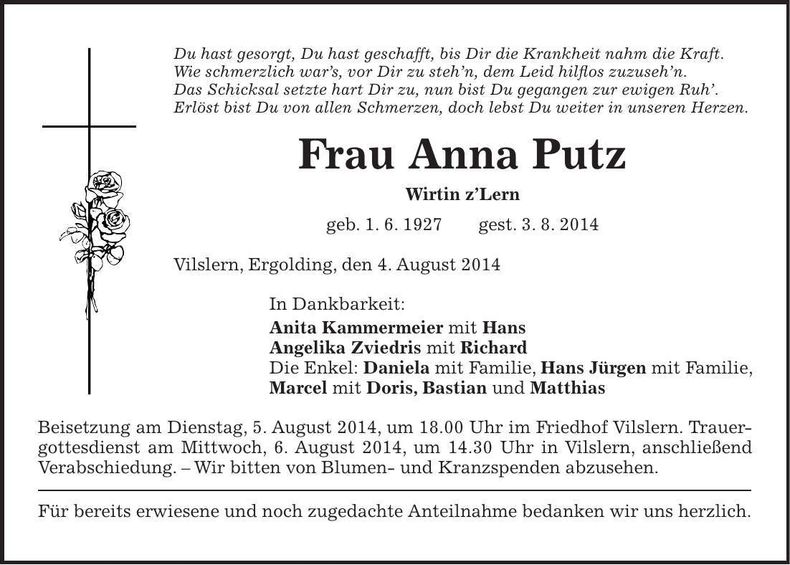 Traueranzeige Anna Putz