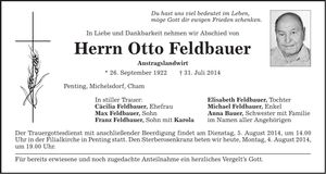 Traueranzeige Otto Feldbauer