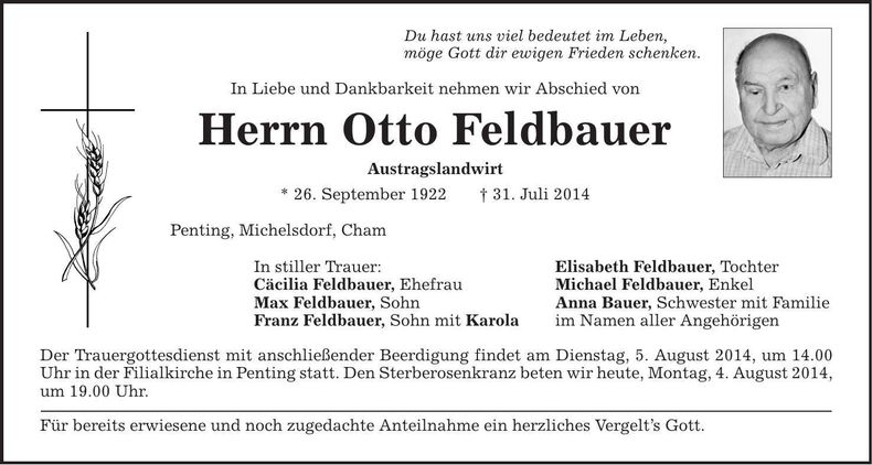 Traueranzeige Otto Feldbauer