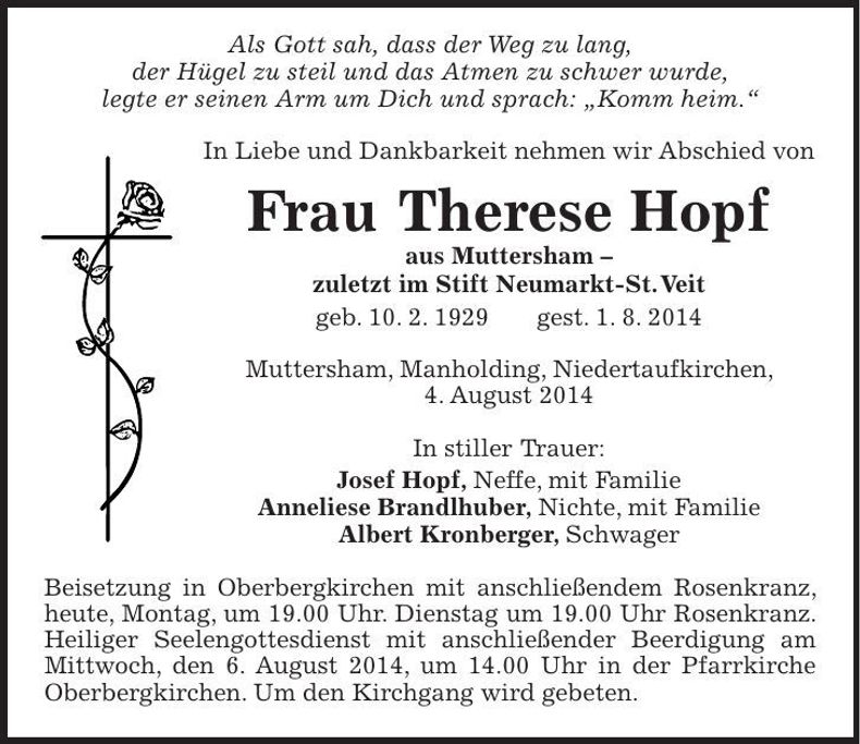Traueranzeige Therese Hopf