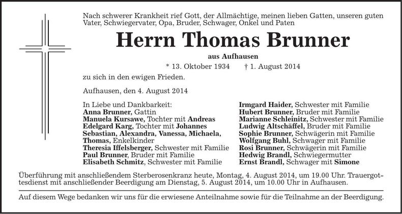 Traueranzeige Thomas Brunner