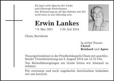 Traueranzeige Erwin Lankes