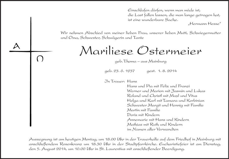 Traueranzeige Mariliese Ostermeier