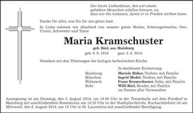 Traueranzeige Maria Kramschuster