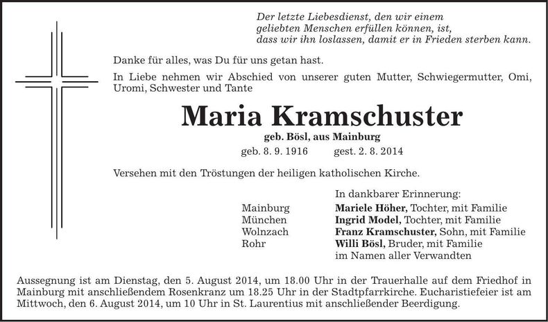 Traueranzeige Maria Kramschuster