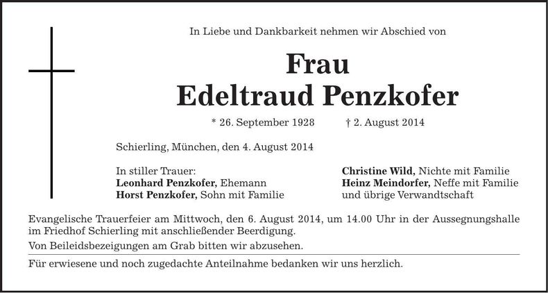 Traueranzeige Edeltraud Penzkofer