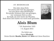 Traueranzeige Alois Blum