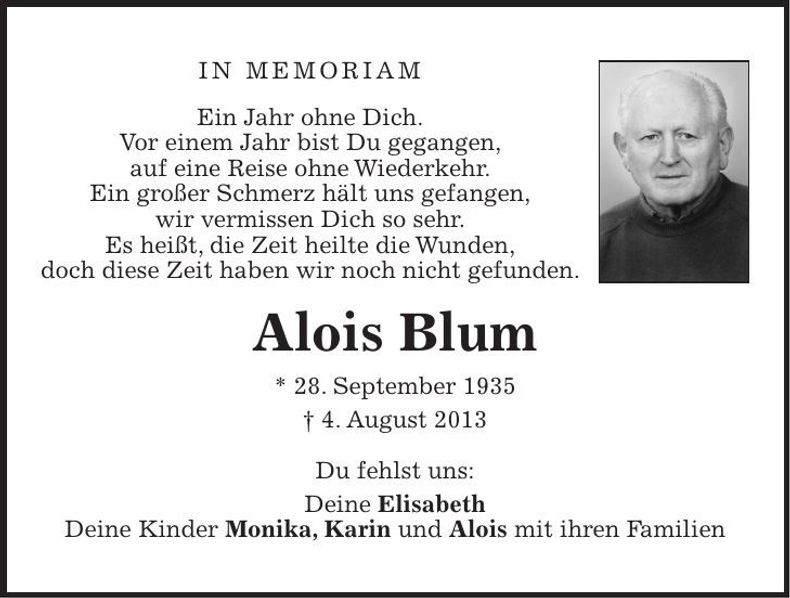 Traueranzeige Alois Blum