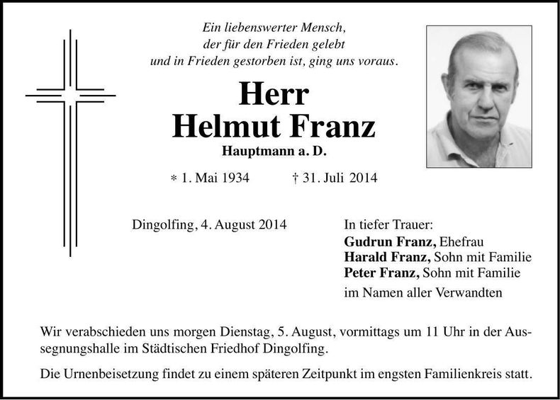 Traueranzeige Helmut Franz