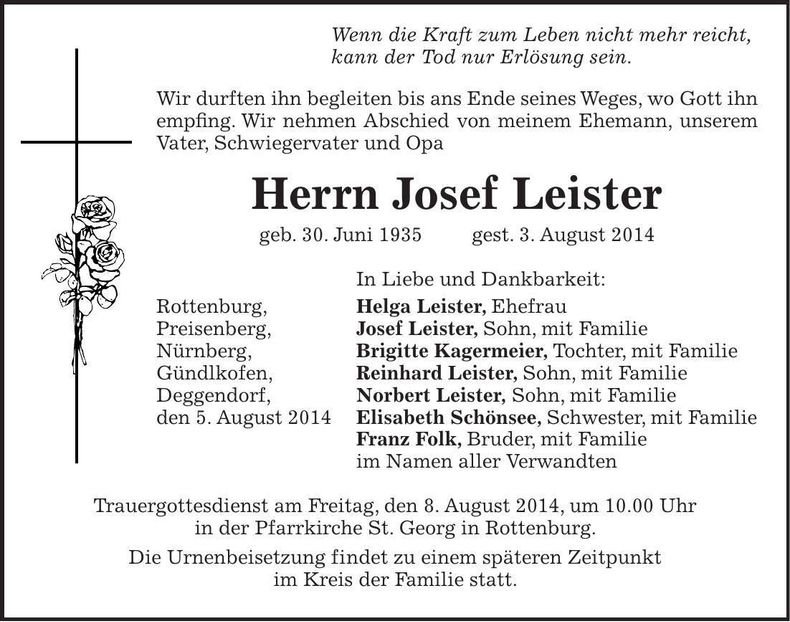 Traueranzeige Josef Leister