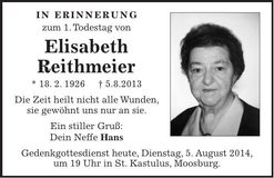 Traueranzeige Elisabeth Reithmeier