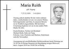 Traueranzeige Maria Reith