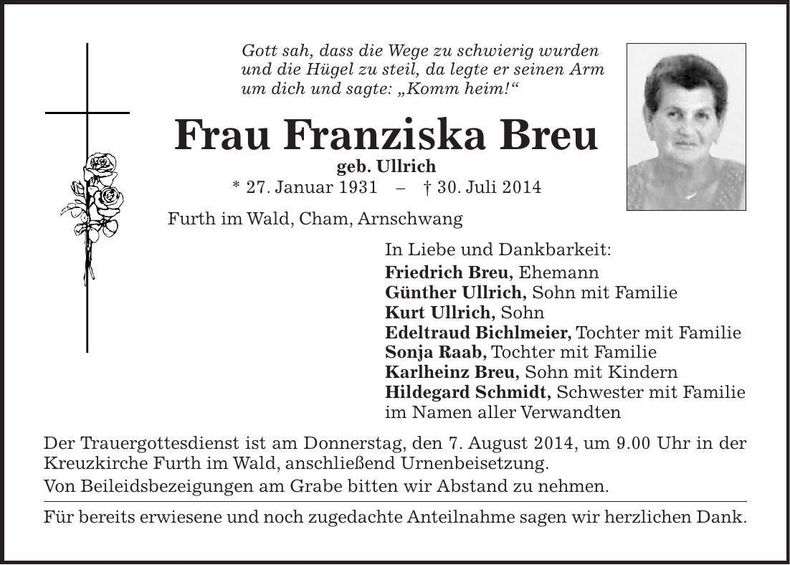 Traueranzeige Franziska Breu