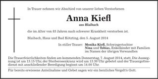 Traueranzeige Anna Kiefl