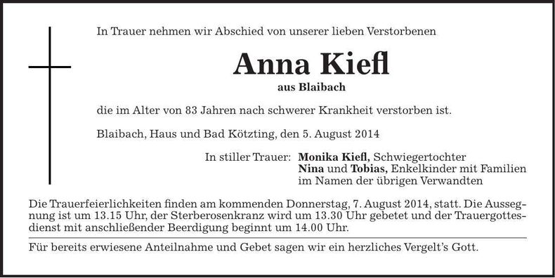 Traueranzeige Anna Kiefl