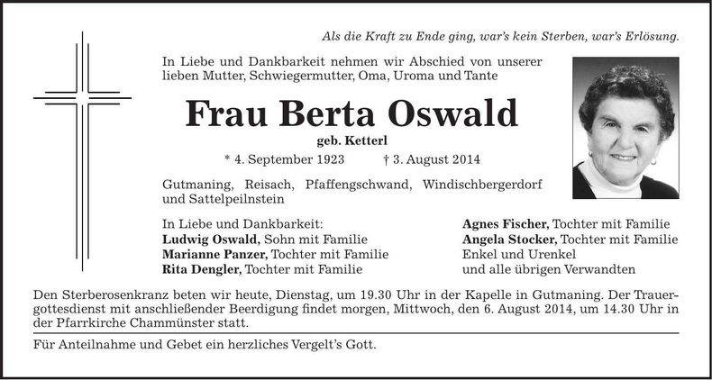 Traueranzeige Berta Oswald
