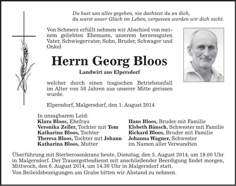 Traueranzeige Georg Bloos