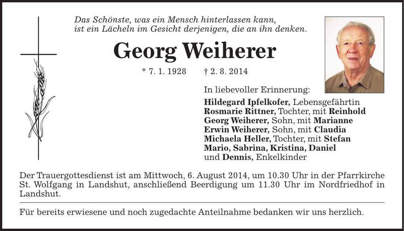 Traueranzeige Georg Weiherer