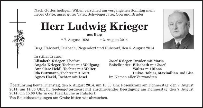 Traueranzeige Ludwig Krieger