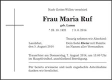 Traueranzeige Maria Ruf