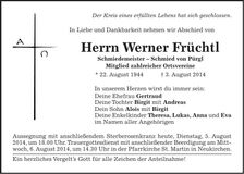 Traueranzeige Werner Früchtl