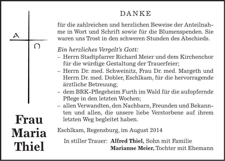 Traueranzeige Maria Thiel