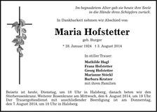 Traueranzeige Maria Hofstetter