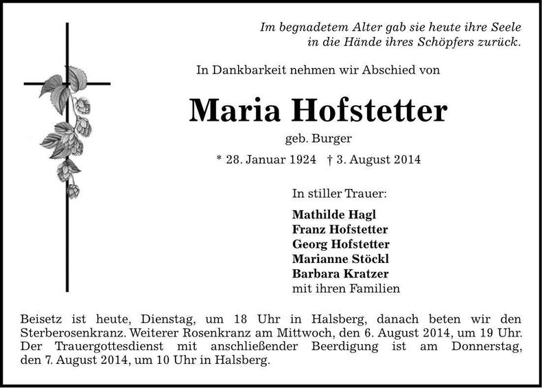 Traueranzeige Maria Hofstetter