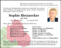 Traueranzeige Sophie Hetznecker