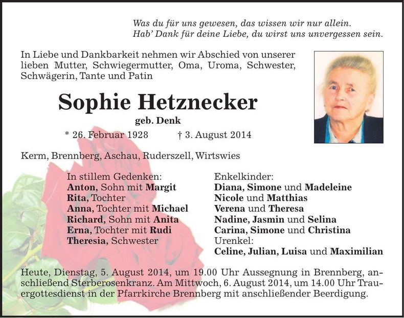 Traueranzeige Sophie Hetznecker