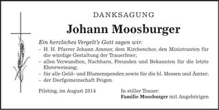 Traueranzeige Johann Moosburger