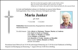 Traueranzeige Maria Janker