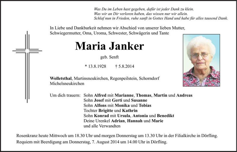 Traueranzeige Maria Janker