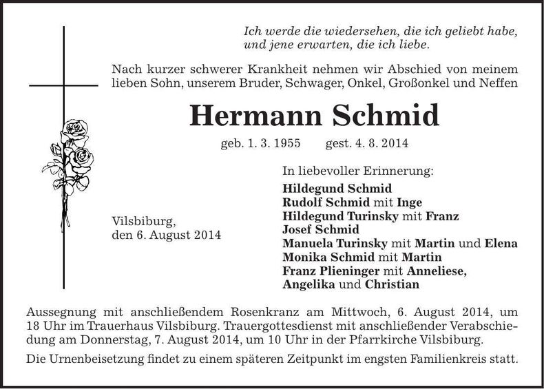 Traueranzeige Hermann Schmid