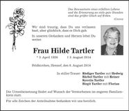 Traueranzeige Hilde Tartler