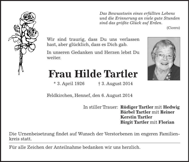 Traueranzeige Hilde Tartler