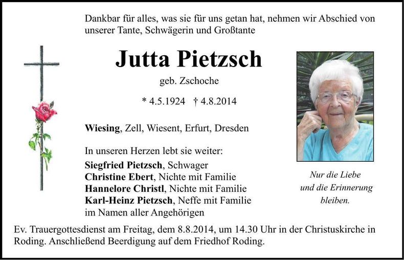 Traueranzeige Jutta Pietzsch