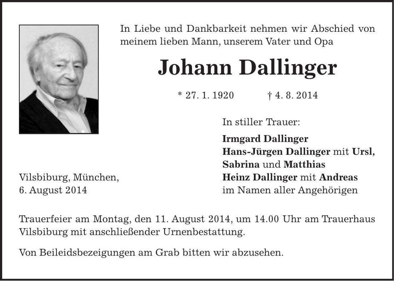 Traueranzeige Johann Dallinger