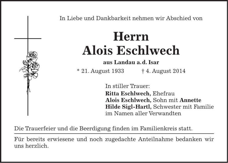 Traueranzeige Alois Eschlwech