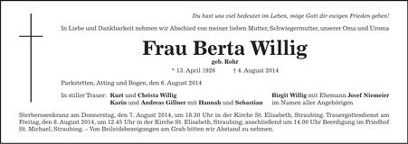 Traueranzeige Berta Willig