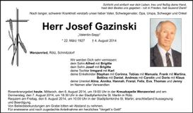 Traueranzeige Josef Gazinski