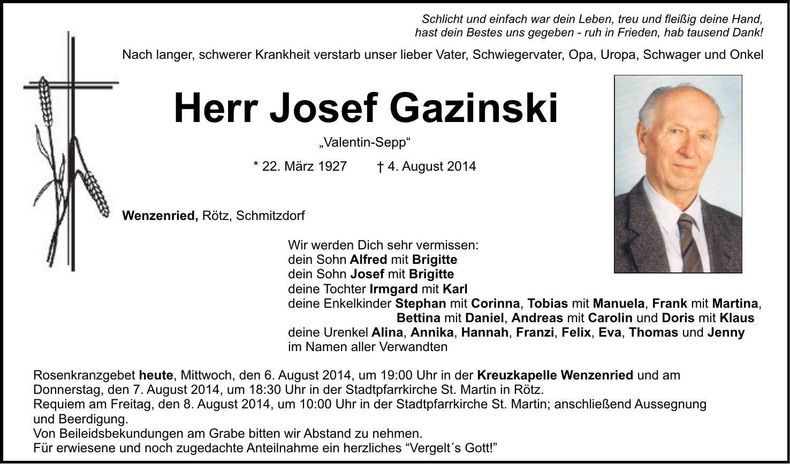 Traueranzeige Josef Gazinski